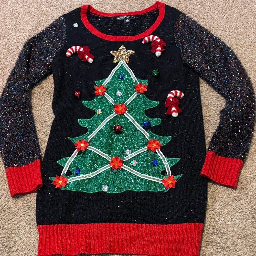 Festive Christmas Tree Sweater with Red Accents